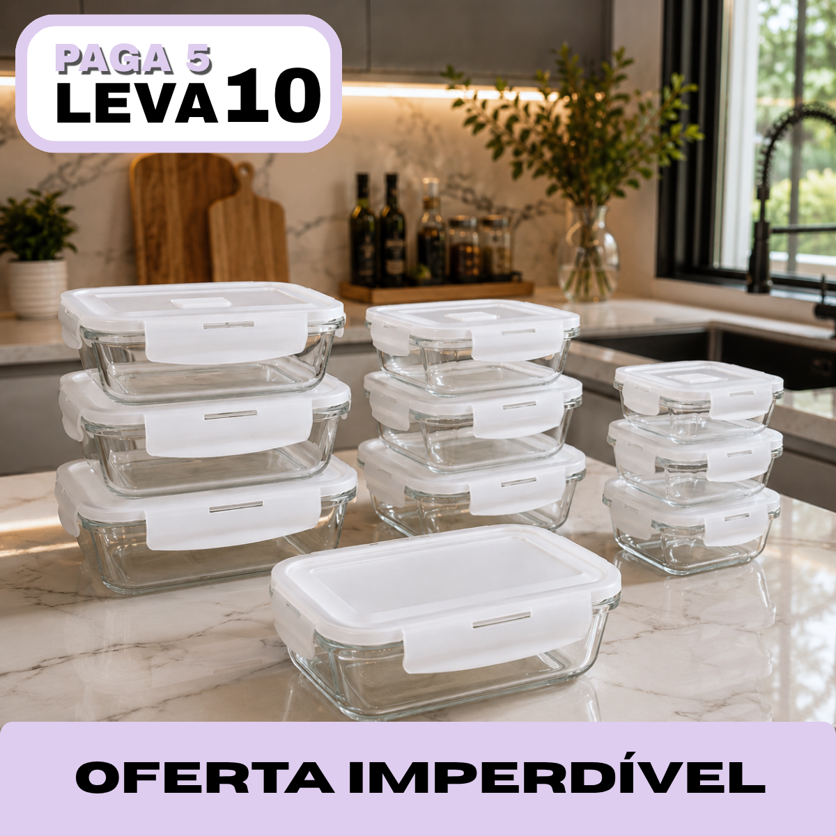 Kit 10 Potes Herméticos Antibacteriano de Vidro Temperado com Tampa de Alta Vedação