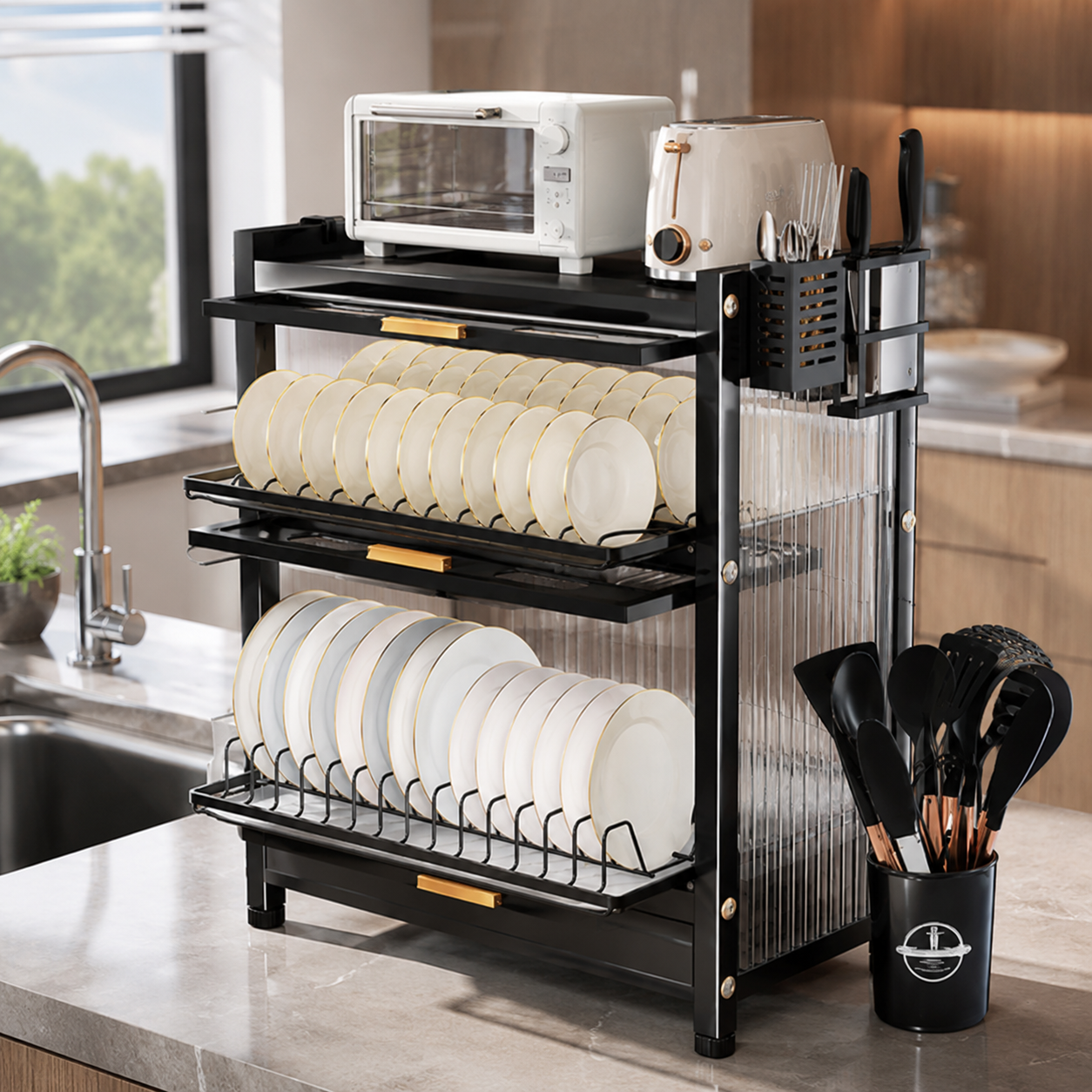 Escorredor de Pratos Inteligente de 3 Níveis em, Aço Inox